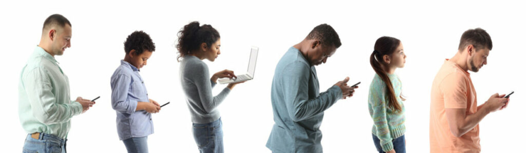 Group of people with poor sitting and standing posture during their work and caused pain.